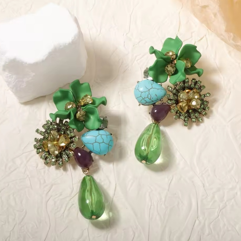 Green Floral Drop Earrings with Crystals and Stones”